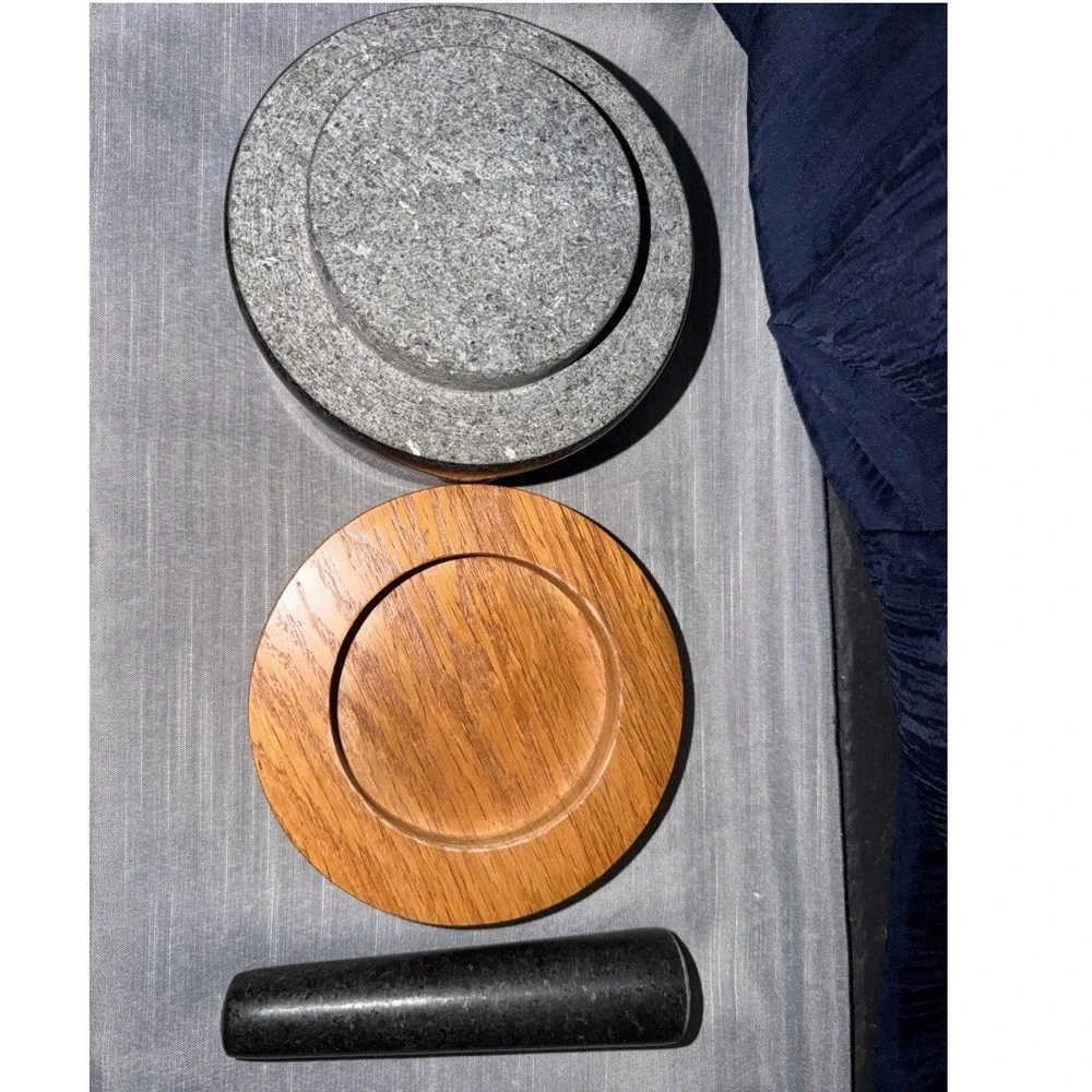 Waldwerk Mortar &‎ Pestle Set Medium, Dark Gray Granite With Wood Base